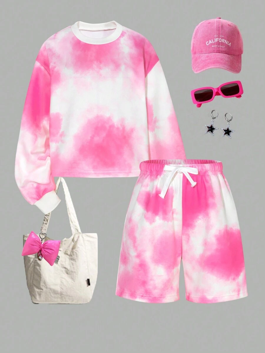 SHEIN Tween Girls Tie-Dye Printed Sweatshirt And Shorts Athleisure Set - Multicolor - View 1