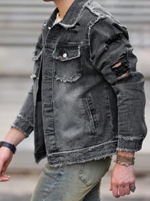 Manfinity LEGND Men's Autumn Single-Breasted Ripped Frayed Denim Jacket - Grey - View 6