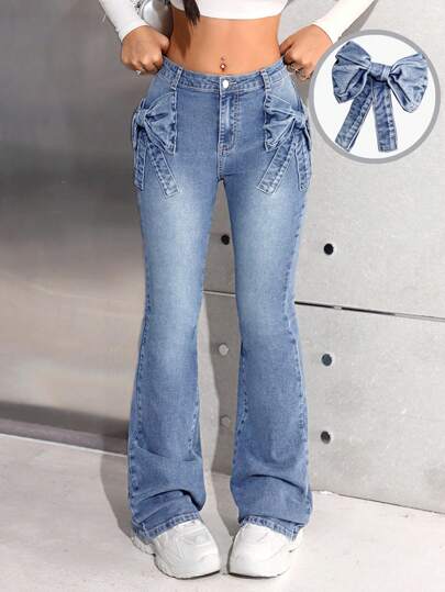 SHEIN Vintage Blue Denim Butterfly Pocket Design Tight Flare Pants For Teenage Girls