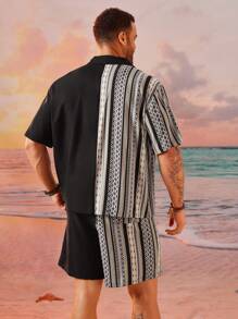 EASEVO Plus Size Men Street Style Loose Woven Vertical Stripe Short Sleeve Shirt And Shorts Set