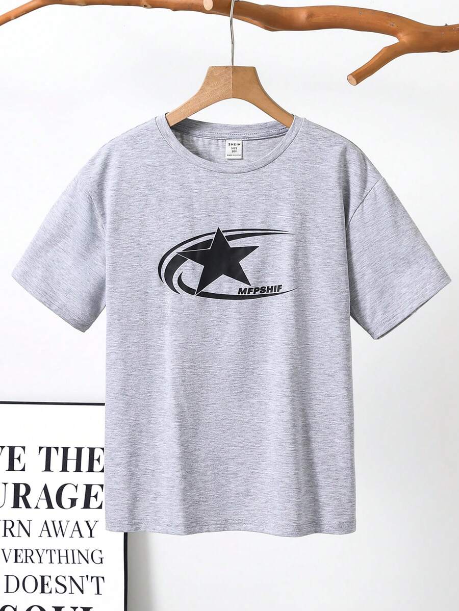 SHEIN Tween Boys Loose Casual Knitted Round Neck Short Sleeve T-Shirt - Light Grey - View 1