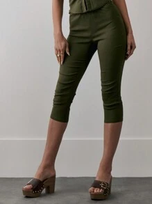 MUSERA Low Rise Zip Fitted Pedal Pusher Capri Leggings 90's Chic Elegant - Green - View 2