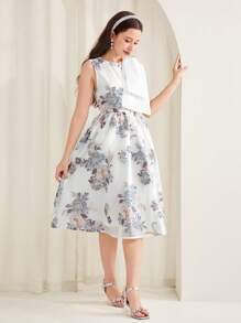 SHEIN 少女白色和银色闪光薄纱网眼荷叶边蝴蝶结装饰长款公主裙、正式派对舞会礼服 - 白色 - 查看 5