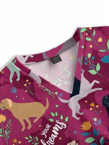 PopScrub Pet Lover's Day Dog Cartoon & Letter Print Nurse Scrub Uniform Top For Women - Multicolor - View 3