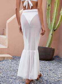 SHEIN Swim Springbreak Women's Solid Color Mesh Ruffled Design Beach Dress/Cover Up For Summer Beach Vacation - White - View 2