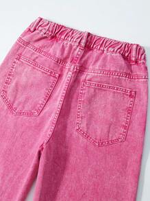 Teen Girls Y2K Style Washed Pink Distressed Wide Leg Loose Jeans - Hot Pink - View 9