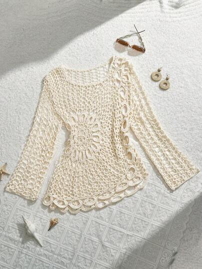 SHEIN MOD 杏色钩针沙滩罩衫，适合女士夏季度假、乡村音乐会、假日、度假女士、节日
