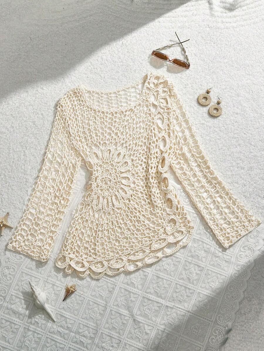 SHEIN MOD Apricot Crochet Beach Cover Up Top For Women, For Summer Vacation,Country Concert, Holiday, Vacation Woman, Festival - Apricot - View 1