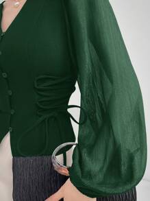 Heiryn Women's Elegant Emerald Green Blouse With Sheer Puff Lantern Sleeves And Lace-Up Detail - Dark Green - View 5