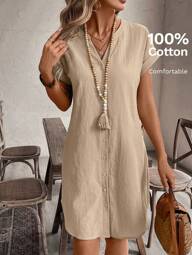 EMERY ROSE Vestido casual de vacaciones con cuello en V y botones delanteros en unicolor para mujeres