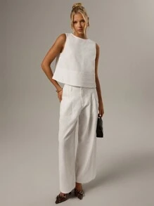 Forever 21 春季通勤休闲简约白色亚麻直筒裤