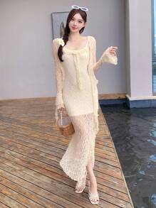 DAZY 2pcs Women Vacation Textured Sheer Lace Top & 3D Floral Decor Dress,Ruffle Lounge Sets For Women - Beige - View 3