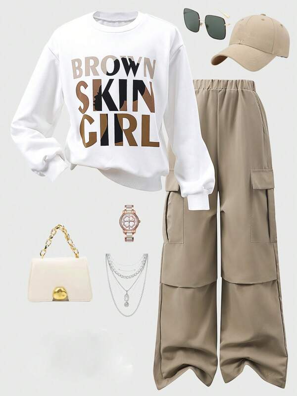 SHEIN 2pcs/Set Tween Girl Letter Print White Sweatshirt & Khaki Cargo Pants Casual Street Fashion Outfit
