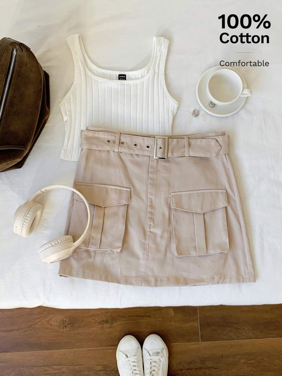 Comfortcana 頹廢搖滾翻蓋口袋金屬扣環腰帶工裝裙