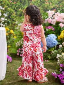 Conjunto de 2 piezas para bebés niñas de verano con estampado floral lindo: chaleco con bajo con volante y pantalones