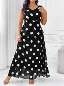 SHEIN Clasi Große Größen Sommer 2-teiliges Set, Allover Zufallsdruck Träger Top und plissierter Rock Set, elegant - Schwarz und Weiss - Übersicht 5
