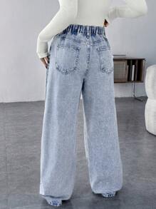 SHEIN Maternity Casual Loose Straight Leg Blue Jeans Women Baggy Jeans Casual Loose Blue Women's Jeans Thanksgiving Women Wide Waist Mom Jeans