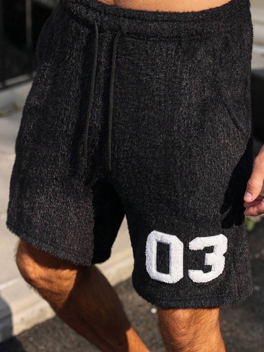 Manfinity Campus Court Men's Streetwear Black And White 03 Embroidered Plush Shorts,Summer Beach Young Street Style College Sports Basketball Shorts With Side Pocket Design - Black - View 1