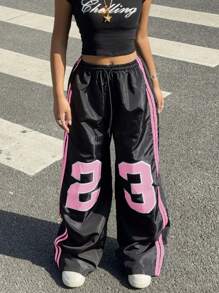 Muchica Pantalones anchos de tela tejida con estampado de números en negro y rosa para mujer - Rosa - Ver 4