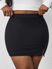 SHEIN PETITE CURVE Plus 女士纯色褶皱侧开衩下摆休闲黑色迷你裙，夏季服装 - 黑色 - 查看 6