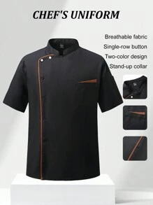 Manfinity Homme Men's Contrast Trim Front Button Short Sleeve Chef Shirt Men Work Shirts