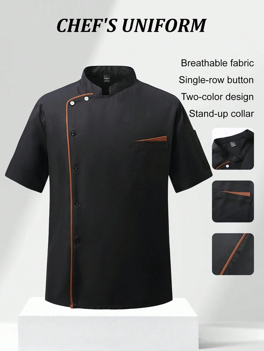 Manfinity Homme Men's Contrast Trim Front Button Short Sleeve Chef Shirt Men Work Shirts