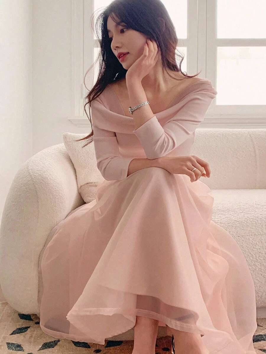 DAZY Women Off Shoulder Elegant Mid-Length Flared Dress Elegant - Pink - View 1