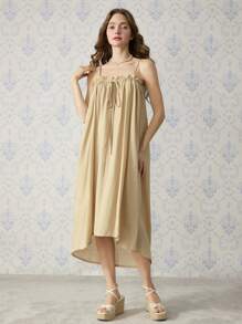 SHEIN MOD Khaki Summer Cottage Core Vacation Holiday Floaty Dress,Bohemian Backless Strappy Elegant Tea Party Date For Women,Valentine's Day Cruise Beach Dress - Khaki - View 4