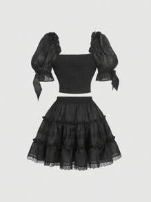 SHEIN MOD Black Organza 2 Pieces Set: Puff Sleeve Bow Chest Cup Cropped Top & Peplum Mini Skirt,Spring/Summer Outfits,Beach Outfits,Brunch Outfits,Spring Break,West,Vacation,Country,Western,Floral,Tropical,Vacation Two Pieces Set,Elegant - Black - View 2