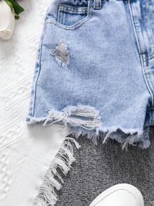 SHEIN Tween Girls' Light Blue Distressed Frayed Waistband Casual Washed Denim Shorts, School, Campus, College