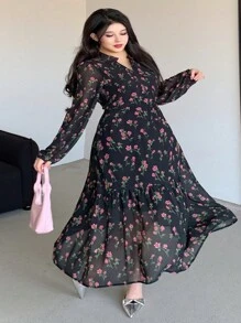 Dazy Plus Plus Size Floral Print V-Neck Long Sleeve Chiffon Dress, Spring/Summer, Ruffle Vacation Outfits Women - Black - View 9