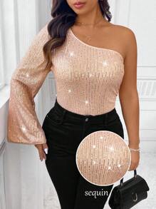 SHEIN Clasi Blusa casual con lentejuelas brillantes para mujer de talla grande, de uso diario sencillo y de moda