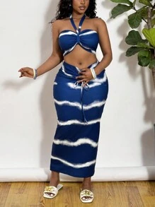 Slaydiva Plus-size dames vakantie halternek tanktop & bodycon rok 2-delige set