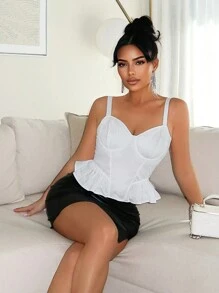 SHEIN SXY 女式纯色宽肩带褶皱简约修身休闲背心 - 白色 - 查看 3