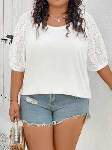 SHEIN CURVE+ Plus Size Women Top With Different Material Splicing,White T-Shirt - White - View 6