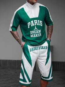 Manfinity EMRG 2pcs Men's Letter Print Zipper Henley Short Sleeve Basketball Jersey Style T-Shirt And Shorts Set,Street Wearing - Multicolor - View 4