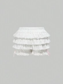 ROMWE Kawaii Plus Size Front Tie Ruffle Hem Casual Shorts, Suitable For Leisure & Holiday - White - View 2