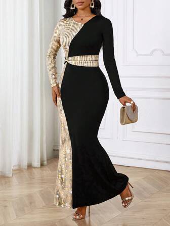 SHEIN Lady Guld paljetttryck sömmar Svart Stretch Stickade Byxor Fishtail Kjol Kvinnor Långa Klänningar Klänning Fest Bal Alla hjärtans dag