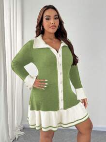 SHEIN Unity Vestido de punto con bloqueo de color, volantes y decoración con botones para mujer talla grande, elegante vestido largo para otoño/invierno - Verde - Ver 3