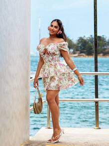 SHEIN SXY Women's Floral Print Off Shoulder Cutout Mini Dress, Vacation Outfit, Beach Vacation Outfits, Spring Outfits For Women, Summer Dresses, Beach Outfits For Woman, Summer Dresses For Women, Summer Outfits For Women, Vacation Outfits Woman,
