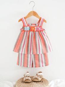 Cozy Pixies 2pcs/Set Baby Girl Colorful Striped Floral Trim Sleeveless Top And Elastic Waist Shorts Set