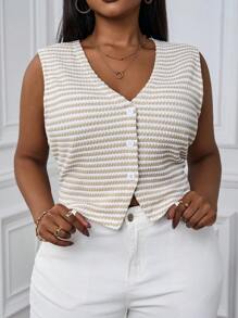 SHEIN PETITE CURVE Plus Size Women's Button-Front Sleeveless Striped Tank Top, Casual Everyday Wear, French Textured Knit Striped Top