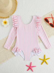 SHEIN 年轻女孩条纹圆领长袖合身休闲泳衣