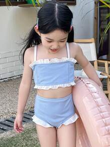 DAZY 年轻女孩拼色荷叶边下摆比基尼套装