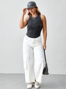SHEIN BASICS Camiseta de punto de talla grande para mujer de unicolor, ajustada y sin mangas - Negro - Ver 4