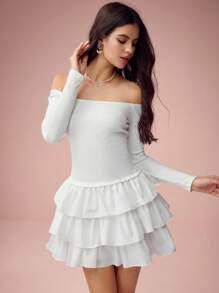 Enchnt Women's Off Shoulder Long Sleeve Ruffle Hem Solid Color Fashion Dress - White - View 4