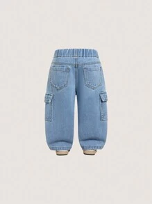 1 pièce Jeans droits à imprimé papillon avec poches utilitaires pour petites filles, style décontracté
