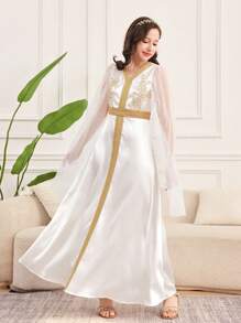 SHEIN Leap Crew 少女奢华、优雅、迷人、假日、派对礼服、铂金、金色花朵、水晶缎面连衣裙 - 白色 - 查看 7