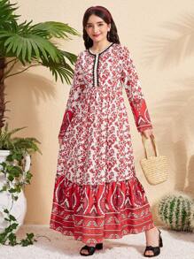 Teen Girl Long Modest Dress With Floral Retro Print, Fashion, Comfortable Fabric, Suitable For Summer - Red - View 4