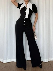 Gloray Women's Elegant Black & White Patchwork Exaggerated Collar Pearl Button Short Sleeve Jumpsuit